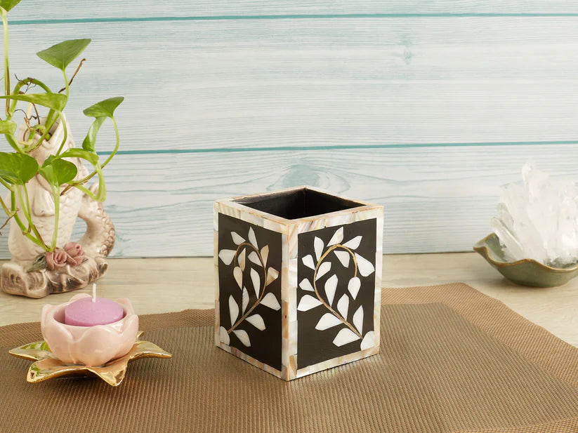 Handmade Pearl Inlay Floral Pattern Pen & Pencil Holder Caddy Desk Cup, Penholder for Desk Pen Holder Unique Pencil Holder for Desk Modern