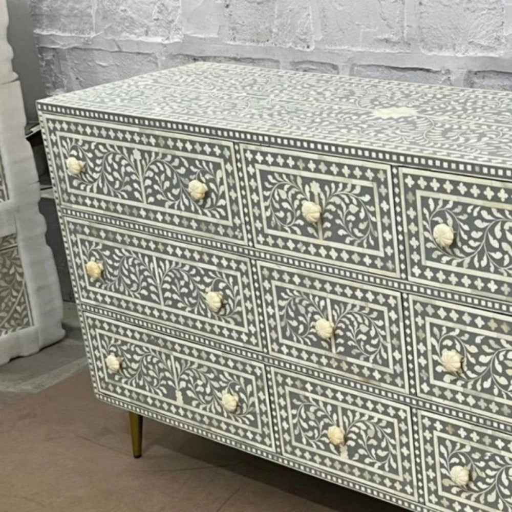 Luxurious Handmade Bone Inlay Chest of Nine Drawer Dresser