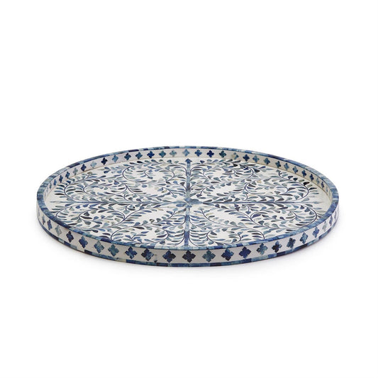 Handmade Bone Inlay Serving Tray Round Leaf Pattern Home Decorative Kitchen Wood Tray - Hansa Handicraft