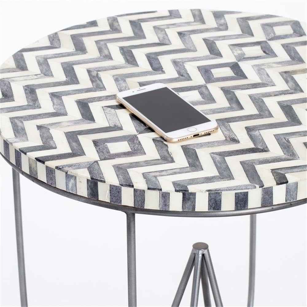 Zahra Round Side Table, Solid Bone Inlay Top with Curved Metal Legs, Modern E...