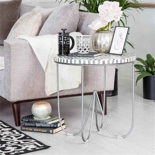 Zahra Round Side Table, Solid Bone Inlay Top with Curved Metal Legs, Modern E...