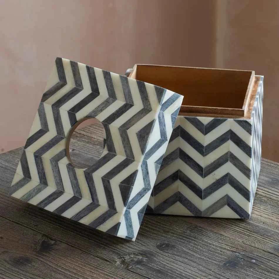 Handmade natural bone inlay tissue box 5.5 inch square with ivory chevron zig zag pattern