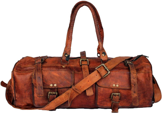 Hansa Handicraft Genuine Leather Brown Vintage Luggage Unisex Duffle Travel Bag for Men/Boys/Girls/Women (26 Inch, Round Duffle) - Hansa Handicraft
