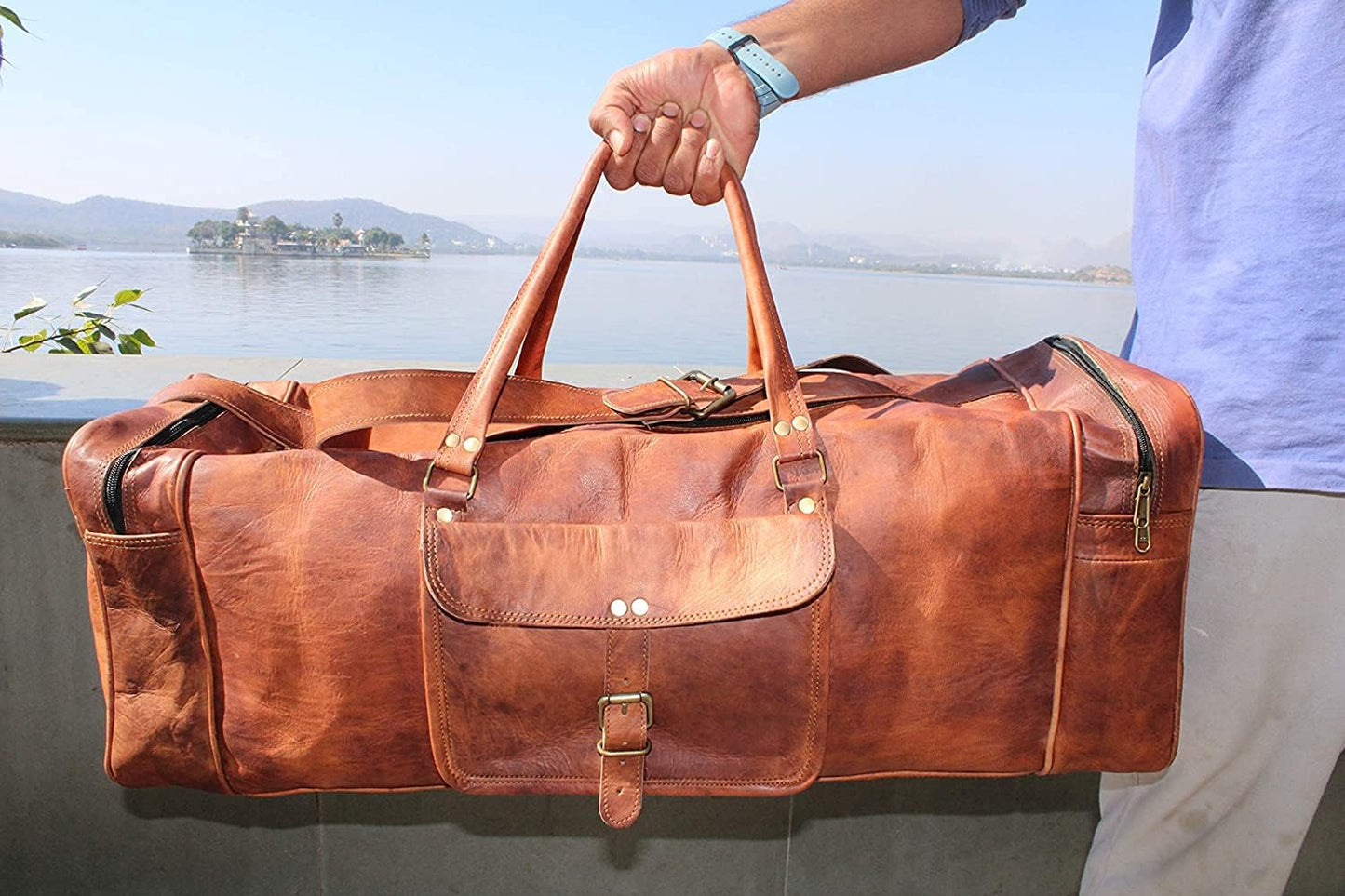 Hansa Handicraft Genuine Leather Brown Vintage Luggage Unisex Duffle Travel Bag for Men/Boys/Girls/Women (24 Inch, Square Duffle) - Hansa Handicraft