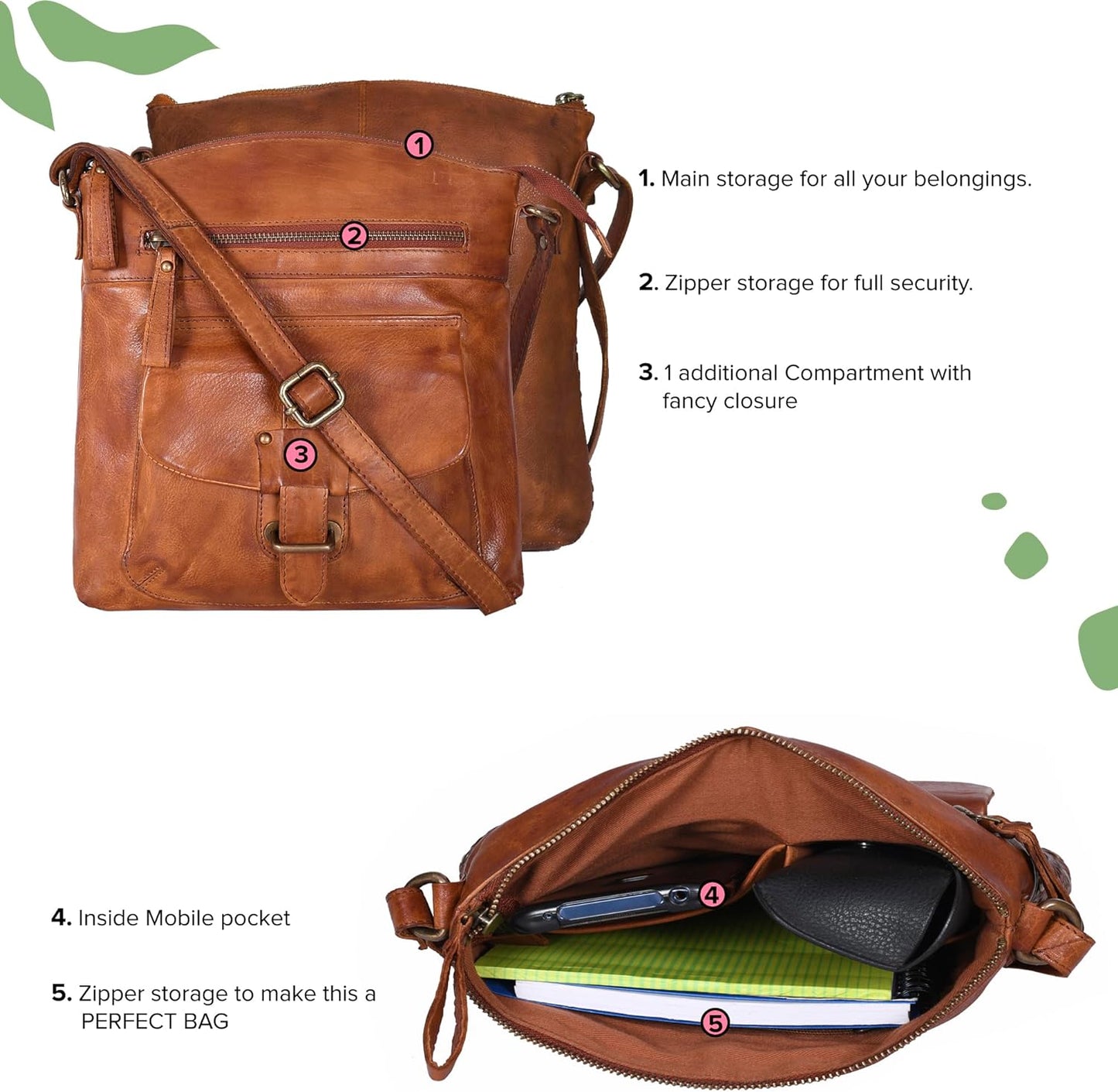 Real Leather Crossbody Purses for Women -Medium Size Flap Pocket Adjustable Strap, Soft Leather Women's Shoulder Handbags