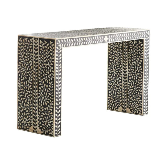 Handmade Floral Design in Black EDGE Waterfall Bone Inlay Console Table | Unique Exotic Design for Entryway, Living Room, and Dining Room Decor