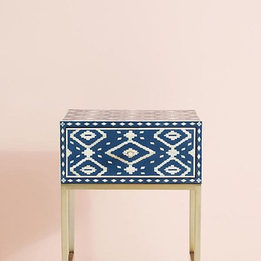 Handmade Bone Inlay Modern Traditional Pattern Bedside Table with 1 Drawer for Home and Office Decor - Hansa Handicraft