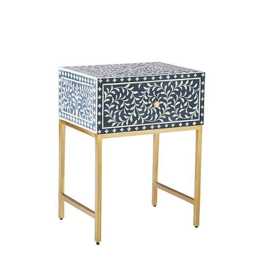 Handmade Bone Inlay Modern Leaf Pattern Bedside Table with 1 Drawer for Home and Office Decor