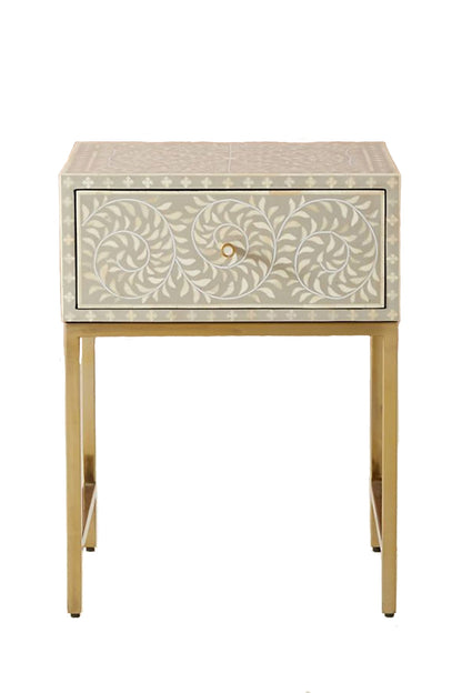 Handmade Bone Inlay Modern Floral Pattern Bedside Table with 1 Drawer for Home and Office Decor