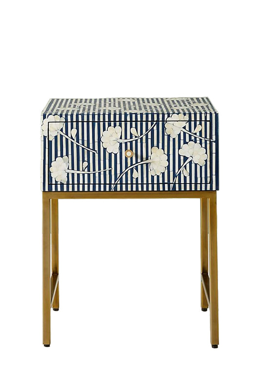 Handmade Bone Inlay Modern Floral Pattern Bedside Table with 1 Drawer for Home and Office Decor