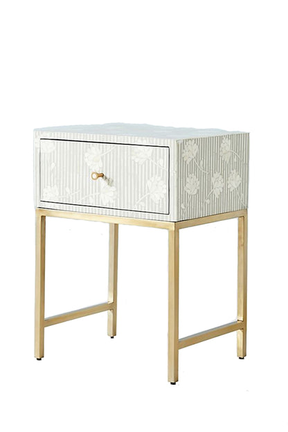 Handmade Bone Inlay Modern Floral Pattern Bedside Table with 1 Drawer for Home and Office Decor