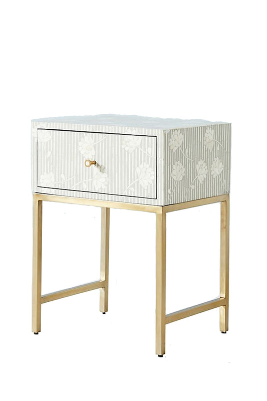 Handmade Bone Inlay Modern Floral Pattern Bedside Table with 1 Drawer for Home and Office Decor