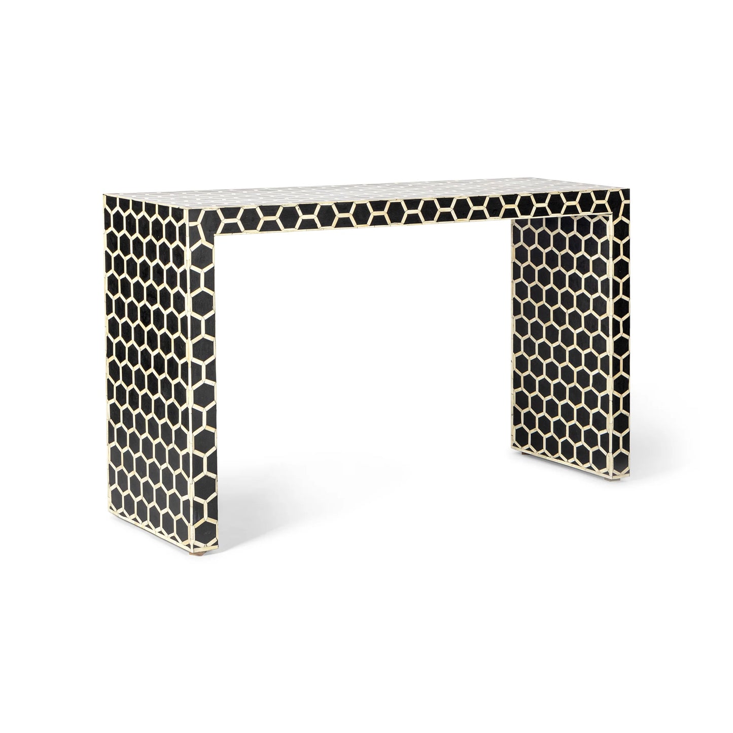 Handmade Bone Inlay Console Table Black and White Hexagonal Design | Unique Exotic Design for Entryway, Living Room, and Dining Room Decor