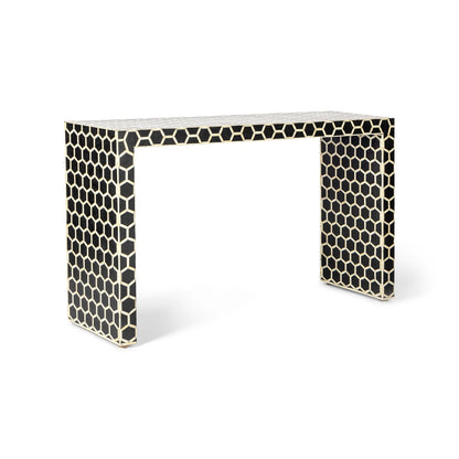 Handmade Bone Inlay Console Table Black and White Hexagonal Design | Unique Exotic Design for Entryway, Living Room, and Dining Room Decor