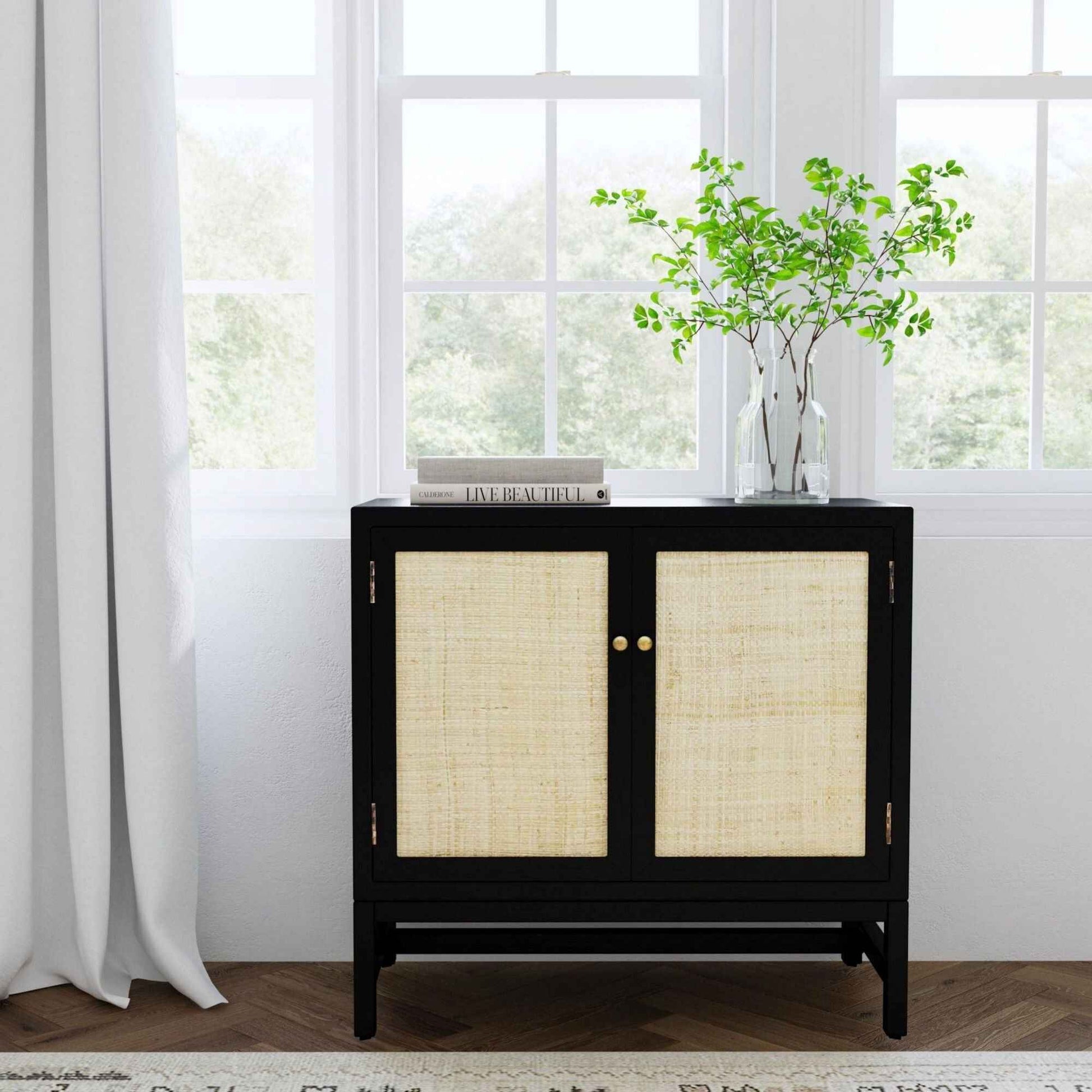 MORA STORAGE CABINET | 2-DOOR | BLACK +NATURAL RAFFIA