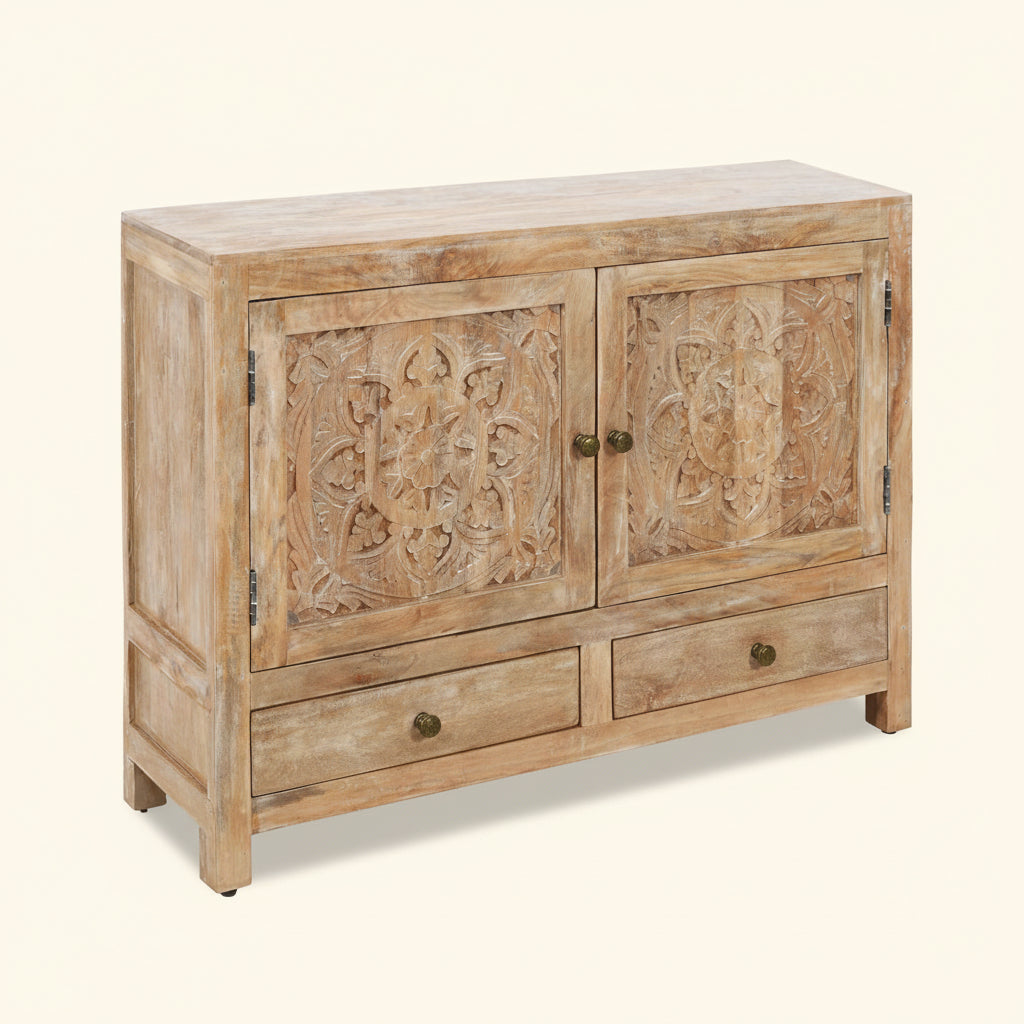 MAYAH CARVED WOOD STORAGE CABINET | 2-DOOR +2-DRAWER | WHITEWASH
