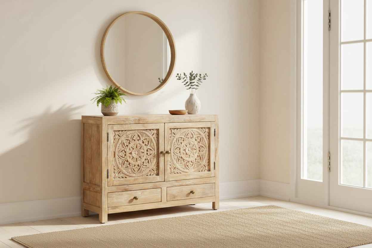 MAYAH CARVED WOOD STORAGE CABINET | 2-DOOR +2-DRAWER | WHITEWASH