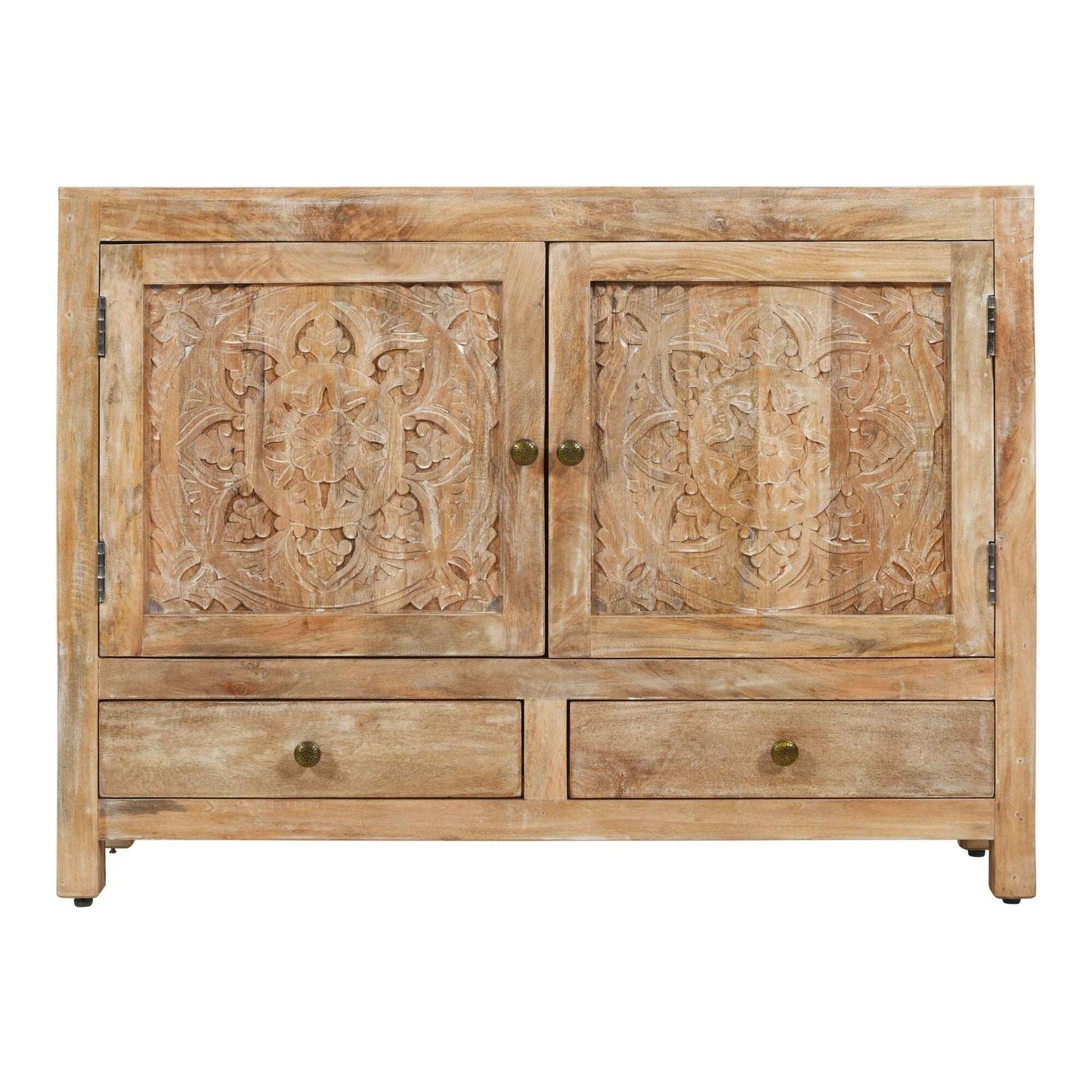 MAYAH CARVED WOOD STORAGE CABINET | 2-DOOR +2-DRAWER | WHITEWASH