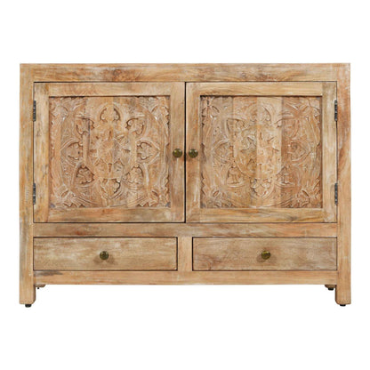 MAYAH CARVED WOOD STORAGE CABINET | 2-DOOR +2-DRAWER | WHITEWASH