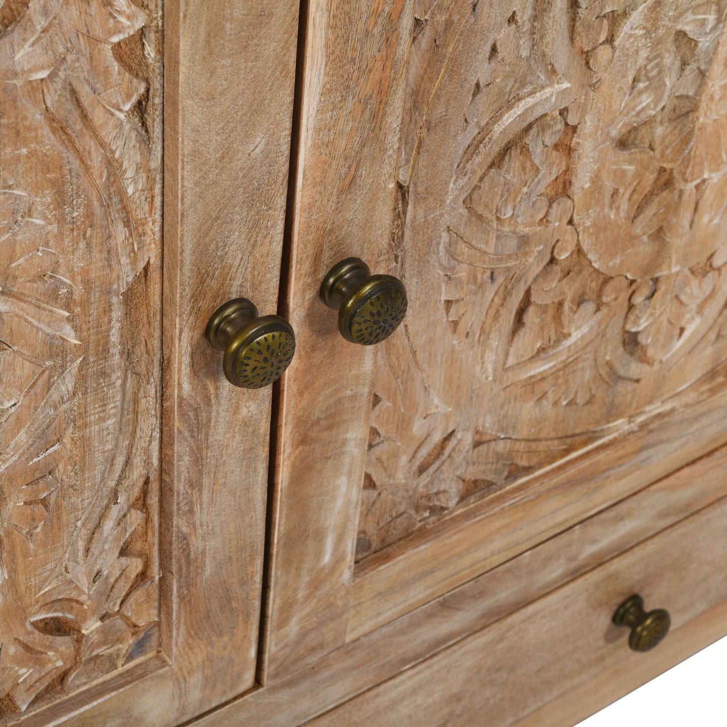MAYAH CARVED WOOD STORAGE CABINET | 2-DOOR +2-DRAWER | WHITEWASH