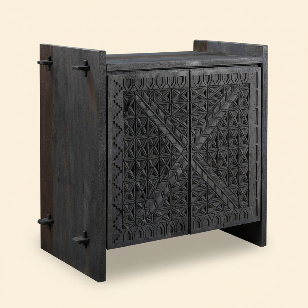 RAQUEL CARVED WOOD STORAGE CABINET | 2-DOOR | RECLAIMED ACACIA | DARK GRAY