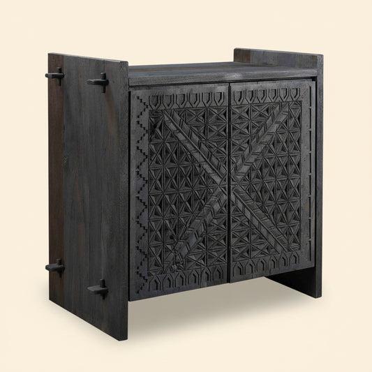 RAQUEL CARVED WOOD STORAGE CABINET | 2-DOOR | RECLAIMED ACACIA | DARK GRAY