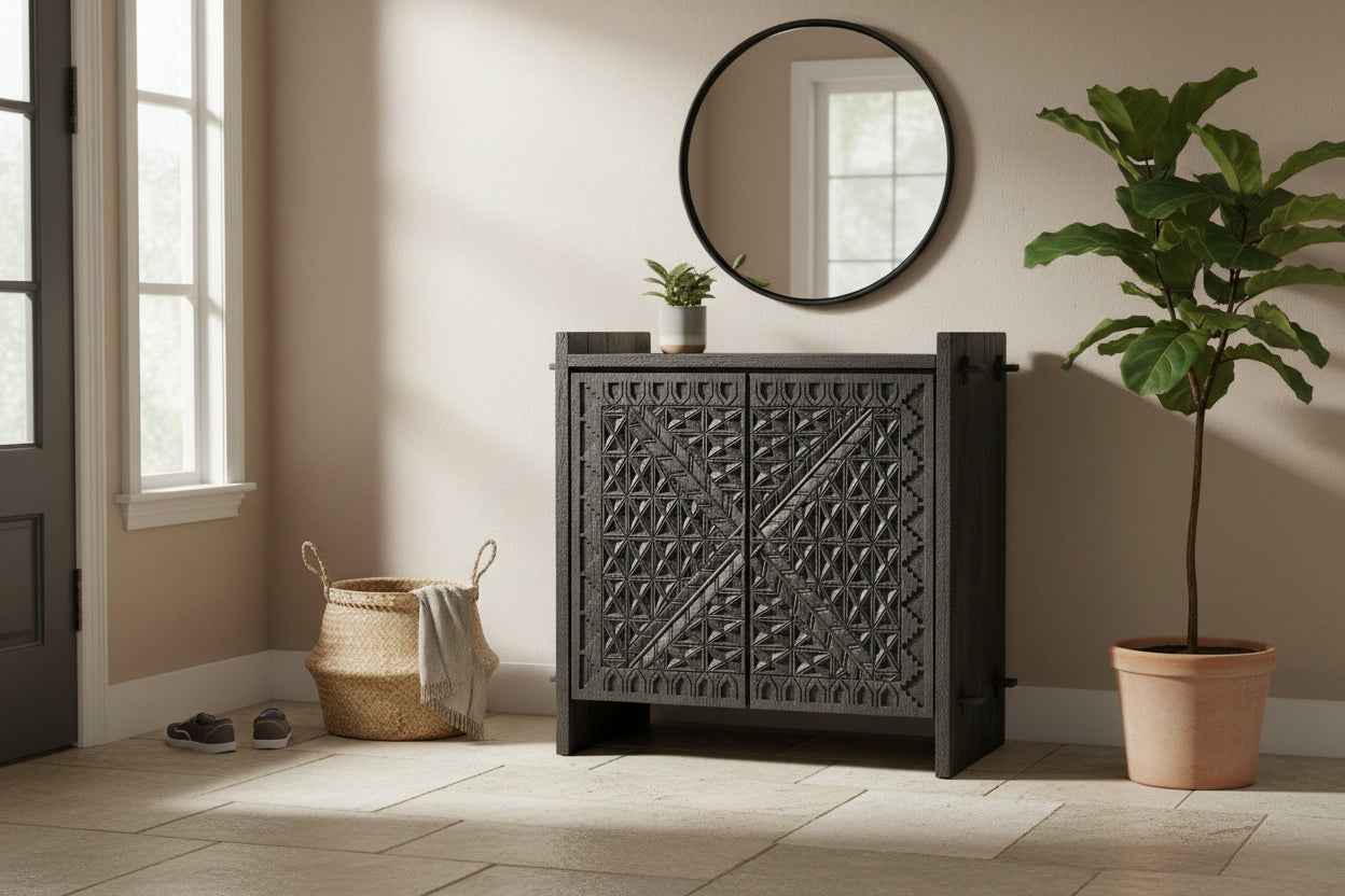 RAQUEL CARVED WOOD STORAGE CABINET | 2-DOOR | RECLAIMED ACACIA | DARK GRAY