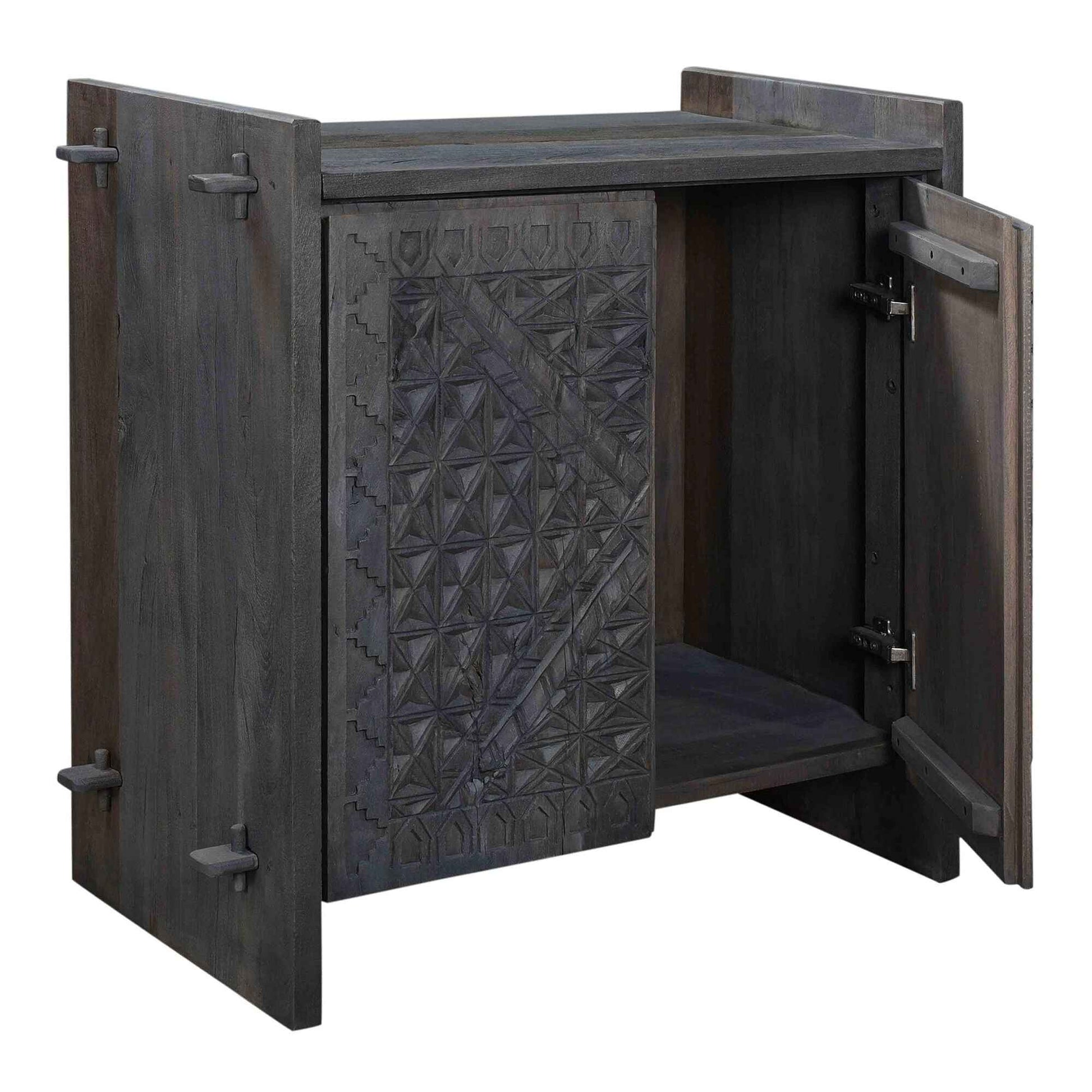 RAQUEL CARVED WOOD STORAGE CABINET | 2-DOOR | RECLAIMED ACACIA | DARK GRAY