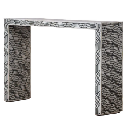 Handmade Bone Inlay Console Table Black and White Geometric Design | Unique Exotic Design for Entryway, Living Room, and Dining Room Decor