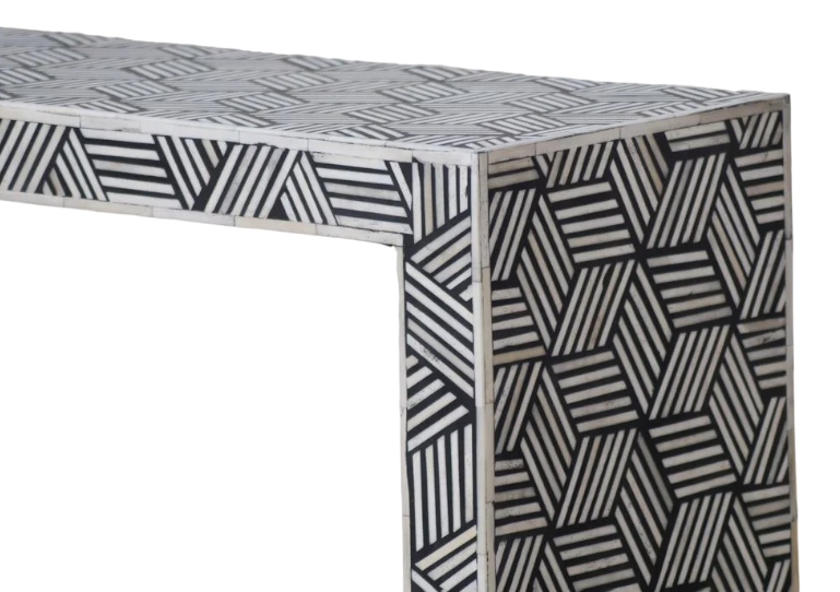 Handmade Bone Inlay Console Table Black and White Geometric Design | Unique Exotic Design for Entryway, Living Room, and Dining Room Decor