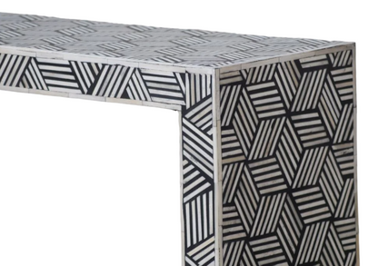 Handmade Bone Inlay Console Table Black and White Geometric Design | Unique Exotic Design for Entryway, Living Room, and Dining Room Decor