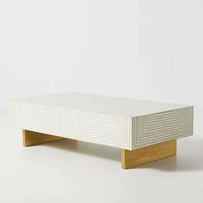 Bone Inlay Rectangle Coffee Table Strip Design With Brass Legs