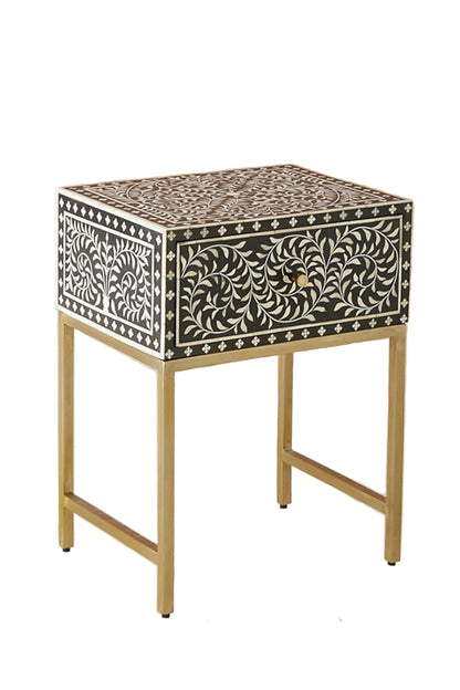 Handmade Bone Inlay Modern Floral Pattern Bedside Table with 1 Drawer for Home and Office Decor