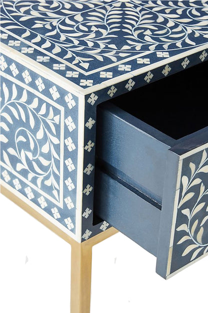 Handmade Bone Inlay Modern Leaf Pattern Bedside Table with 1 Drawer for Home and Office Decor