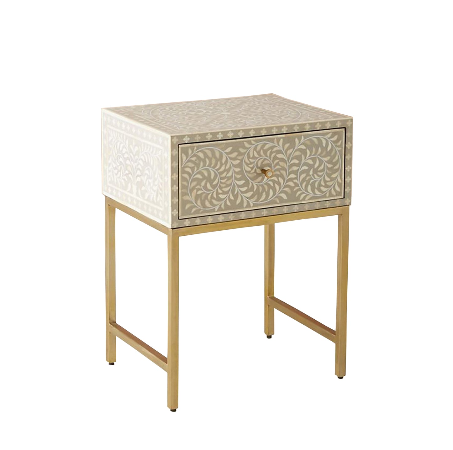 Handmade Bone Inlay Modern Floral Pattern Bedside Table with 1 Drawer for Home and Office Decor