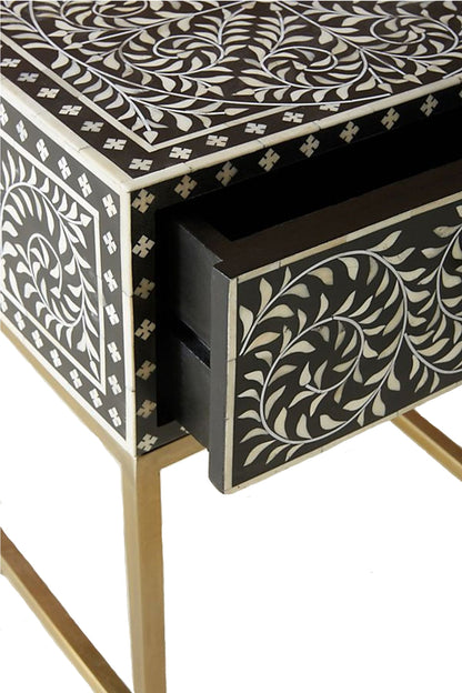 Handmade Bone Inlay Modern Floral Pattern Bedside Table with 1 Drawer for Home and Office Decor