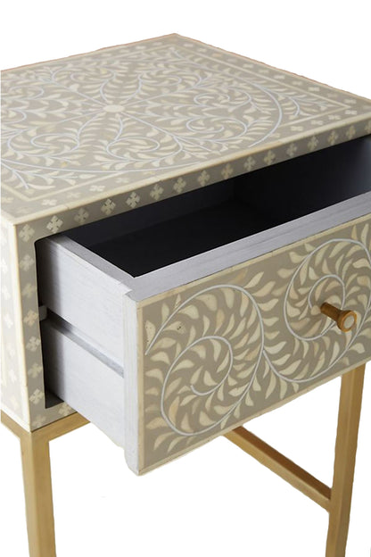 Handmade Bone Inlay Modern Floral Pattern Bedside Table with 1 Drawer for Home and Office Decor