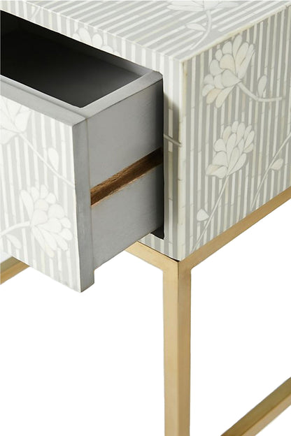 Handmade Bone Inlay Modern Floral Pattern Bedside Table with 1 Drawer for Home and Office Decor