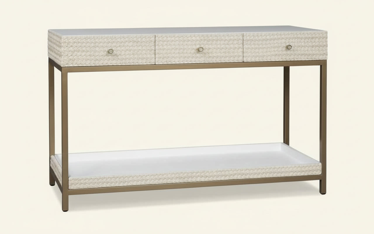 Modern Bone Inlay Console Table with 3 Drawers Handcrafted Floral Inlay on Solid Wood Entryway Accent Furniture for Hallway, Living Room or Bedroom