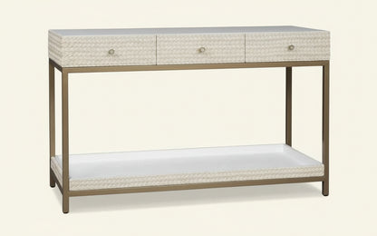 Modern Bone Inlay Console Table with 3 Drawers Handcrafted Floral Inlay on Solid Wood Entryway Accent Furniture for Hallway, Living Room or Bedroom