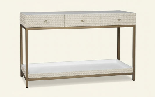 Modern Bone Inlay Console Table with 3 Drawers Handcrafted Floral Inlay on Solid Wood Entryway Accent Furniture for Hallway, Living Room or Bedroom