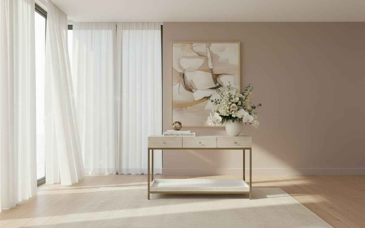 Modern Bone Inlay Console Table with 3 Drawers Handcrafted Floral Inlay on Solid Wood Entryway Accent Furniture for Hallway, Living Room or Bedroom