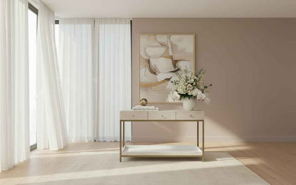 Modern Bone Inlay Console Table with 3 Drawers Handcrafted Floral Inlay on Solid Wood Entryway Accent Furniture for Hallway, Living Room or Bedroom