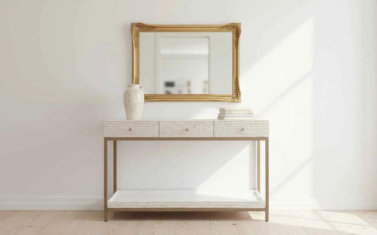 Modern Bone Inlay Console Table with 3 Drawers Handcrafted Floral Inlay on Solid Wood Entryway Accent Furniture for Hallway, Living Room or Bedroom