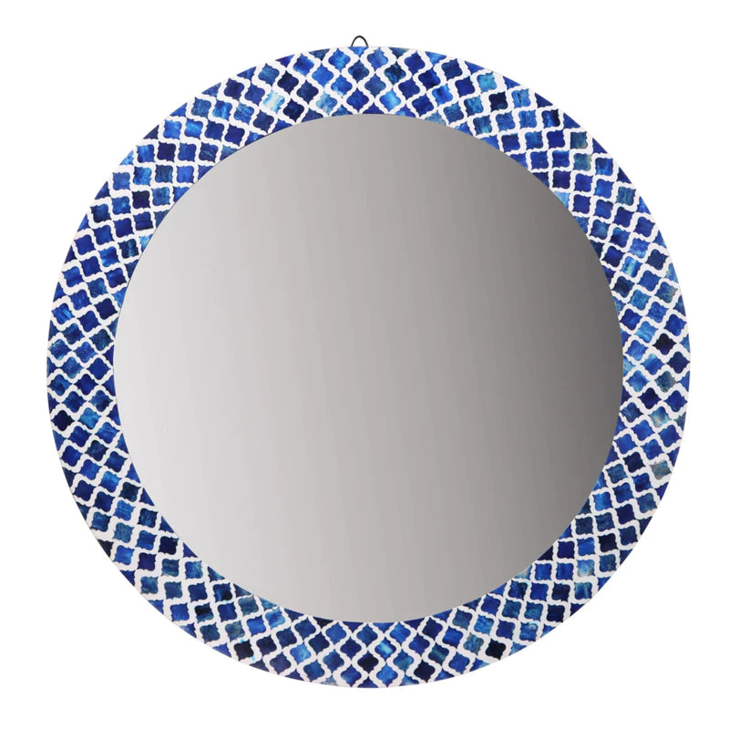 Bone Inlay Wall Mirror, Round Blue Mosaic Diamond Pattern .