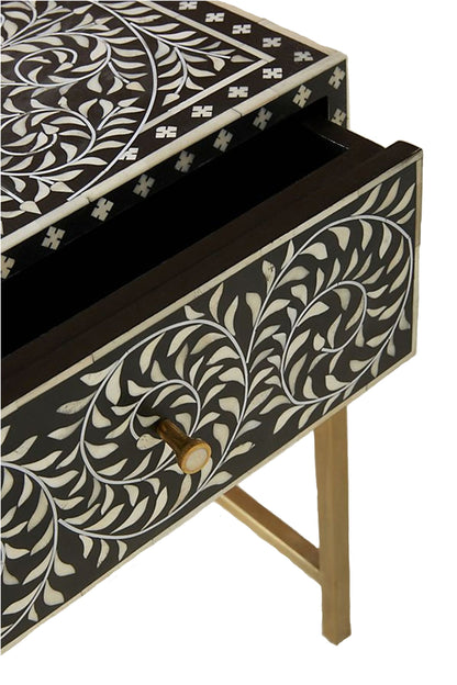 Handmade Bone Inlay Modern Floral Pattern Bedside Table with 1 Drawer for Home and Office Decor