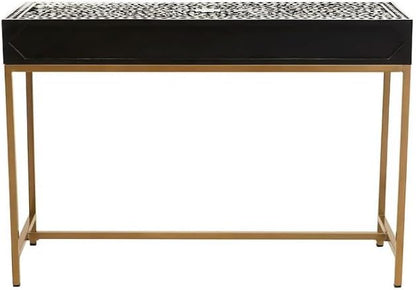 Bone Inlay Console Table Handmade Solid Wood Entryway Table with Intricate Floral Design 2 Storage Drawers for Elegant Home Décor