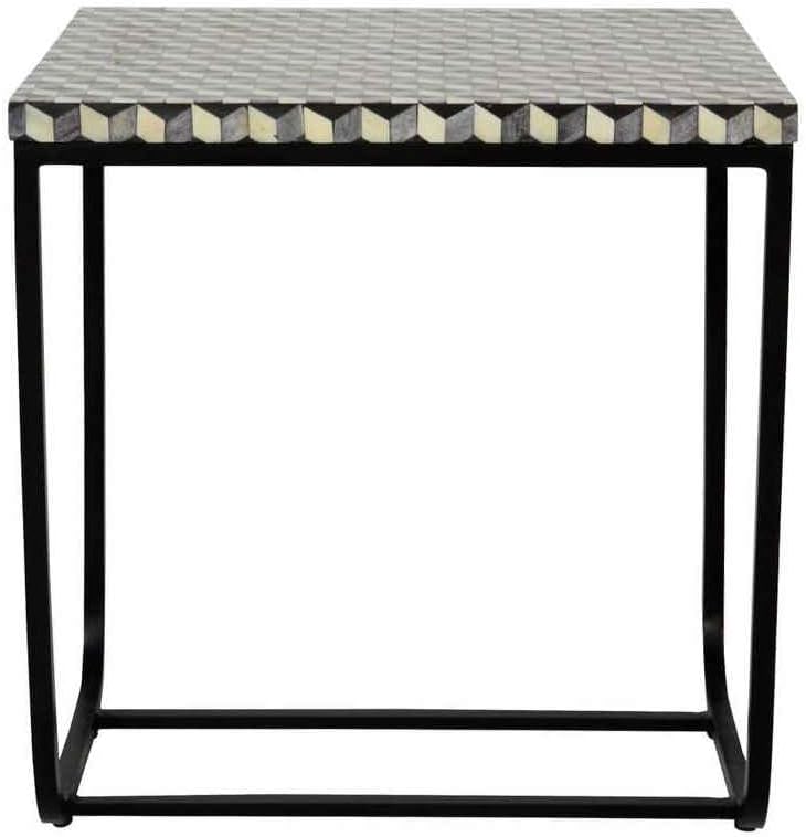 Bone Inlay End Table Handmade Indian Accent Table with Intricate Floral Design Decorative Boho Side Table for Living Room, Bedroom, or Entryway