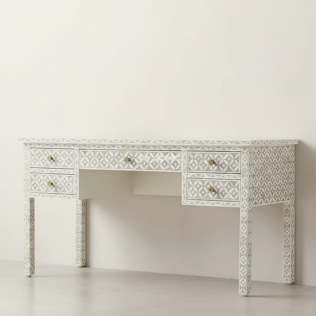 Bone Inlay Console Table with 5 Storage Drawers Handcrafted Solid Wood Entryway Table Intricate Design Elegant Accent Furniture for Hallway, Living Room or Bedroom Décor