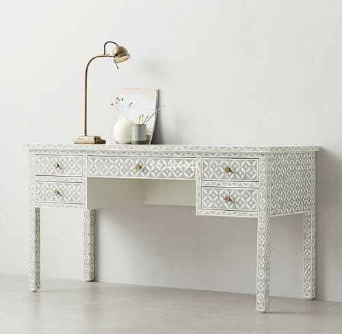 Bone Inlay Console Table with 5 Storage Drawers Handcrafted Solid Wood Entryway Table Intricate Design Elegant Accent Furniture for Hallway, Living Room or Bedroom Décor